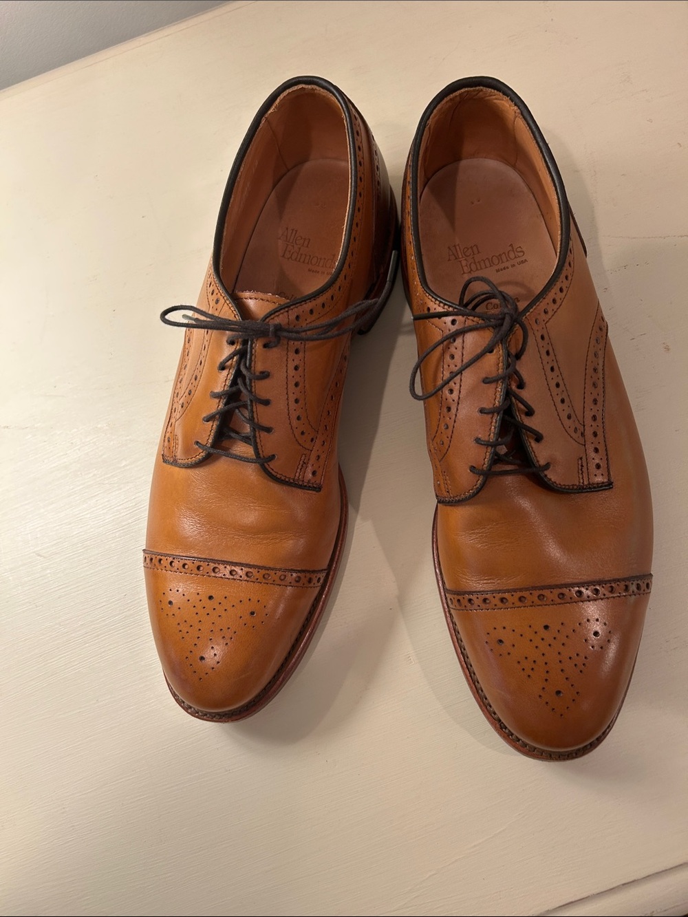 Allen Edmonds Cognac Leather Cap-Toe Derby with Dark Laces